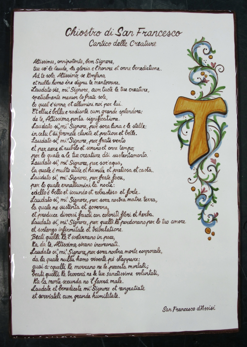 Targa rettangolare con testo cantico delle creature di San Francesco in ceramica a Bologna Paese dei Balocchi. Targhe e numeri civici dipinti a mano. Decorazione ceramica personalizzata Targa decorativa realizzata su misura in maiolica 40 x60 cm da esterno .